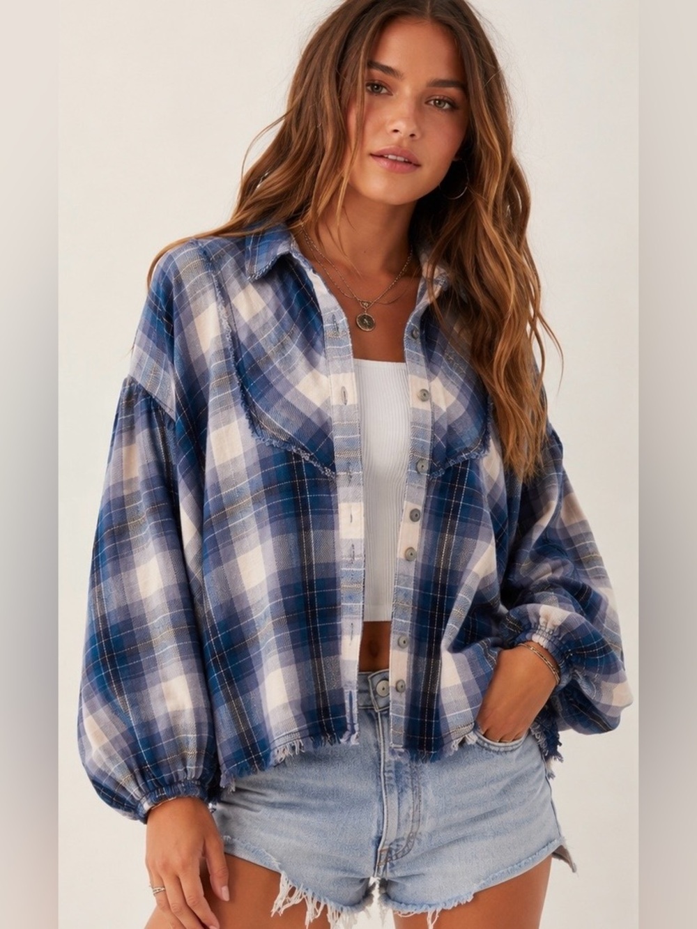 We The Free Plaid Raw Edge Button Front Shacket Top Blue Ivory Size Small